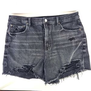 American Eagle Sz 16 High Rise Baggy Cutoff Distressed Shorts Black Stretch Rips